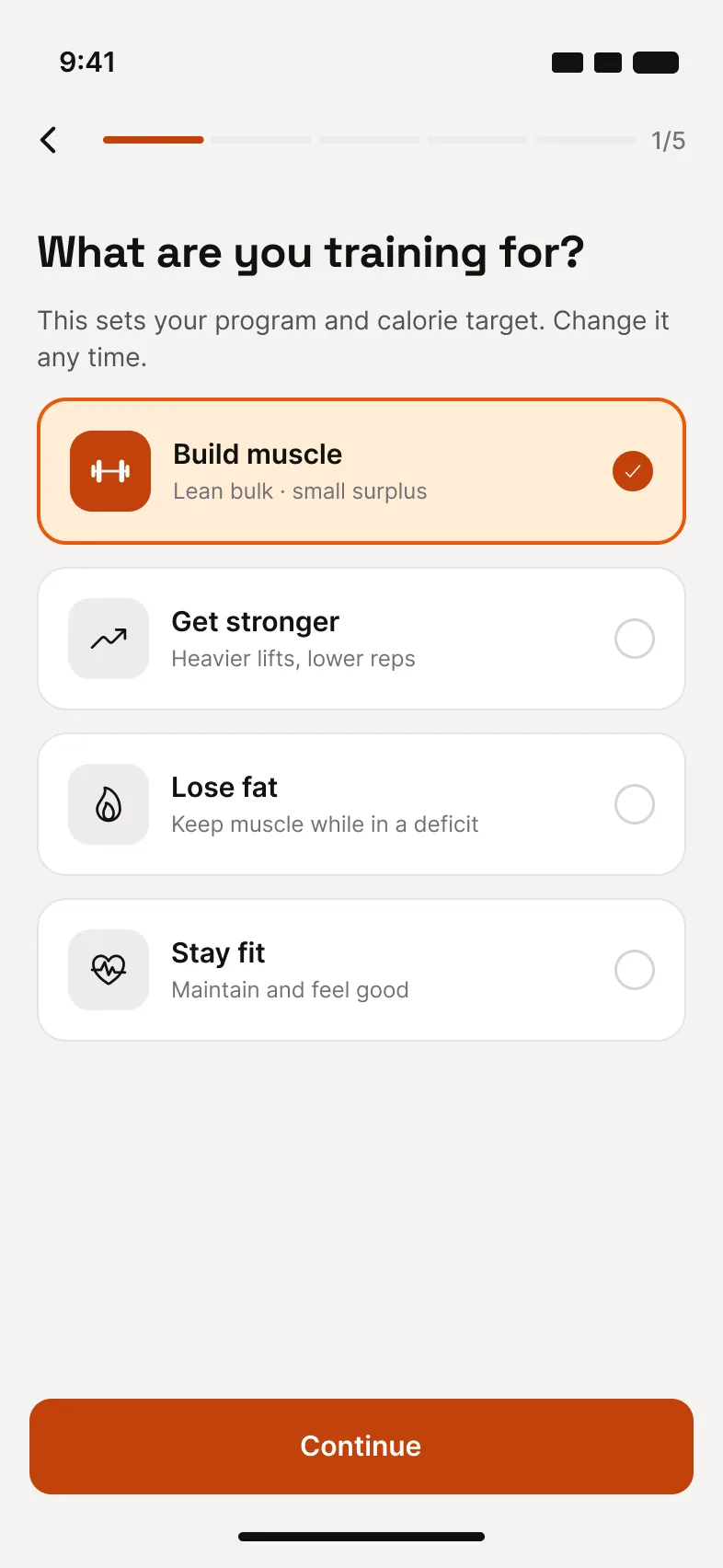 Voltra onboarding asking what you are training for, with Build muscle selected over Get stronger, Lose fat and Stay fit.