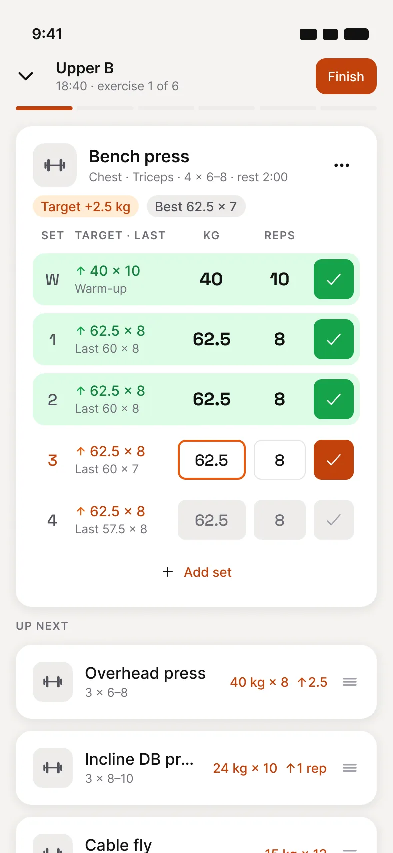 Voltra's active workout screen for Upper B: bench press with a +2.5 kg target, warm-up and two sets of 62.5 kg × 8 ticked off, set 3 in progress at 62.5 kg × 8, and last session's numbers beside each set.