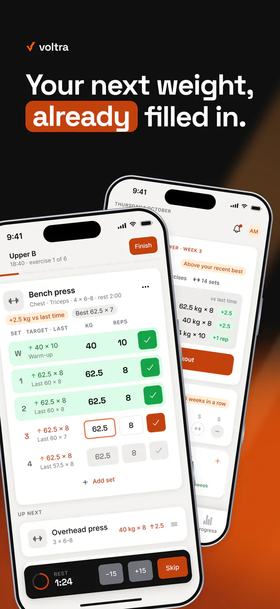 App Store screenshot: Your next weight, already filled in. The active workout screen and the Today screen, with a target on every set.