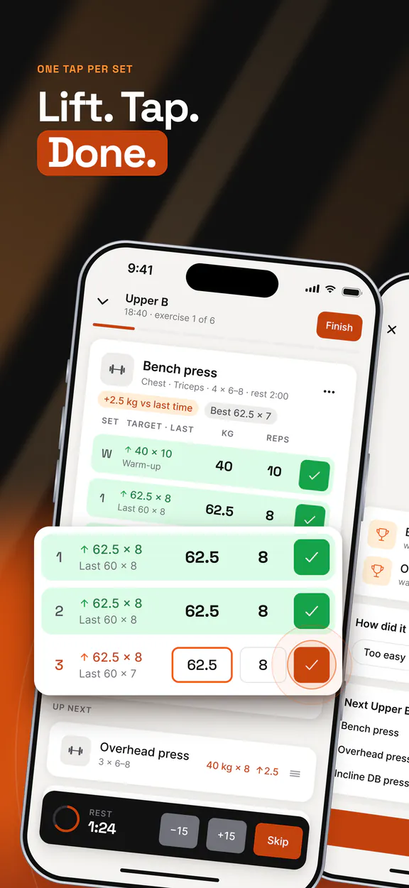 App Store screenshot: One tap per set. Lift. Tap. Done. Set rows with the weight and reps already filled in.