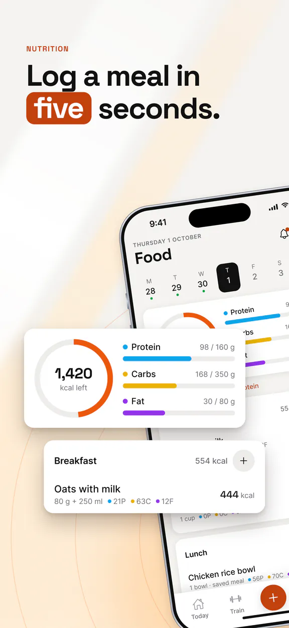 App Store screenshot: Nutrition. Log a meal in five seconds. The Food screen with a calorie ring and protein, carbs and fat bars.