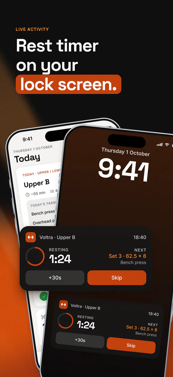 App Store screenshot: Live Activity. Rest timer on your lock screen, with a countdown and the next set.